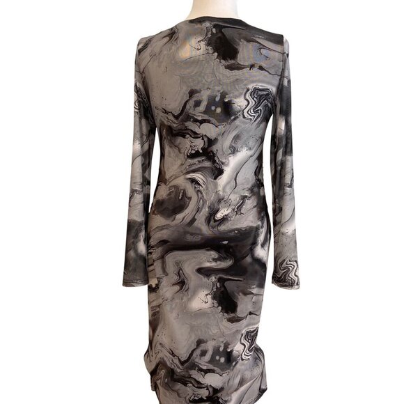 NWT Reitmans sheer Womens Long-Sleeve Ruched Bodycon Dress Black & Gray Marble M - Picture 5 of 13